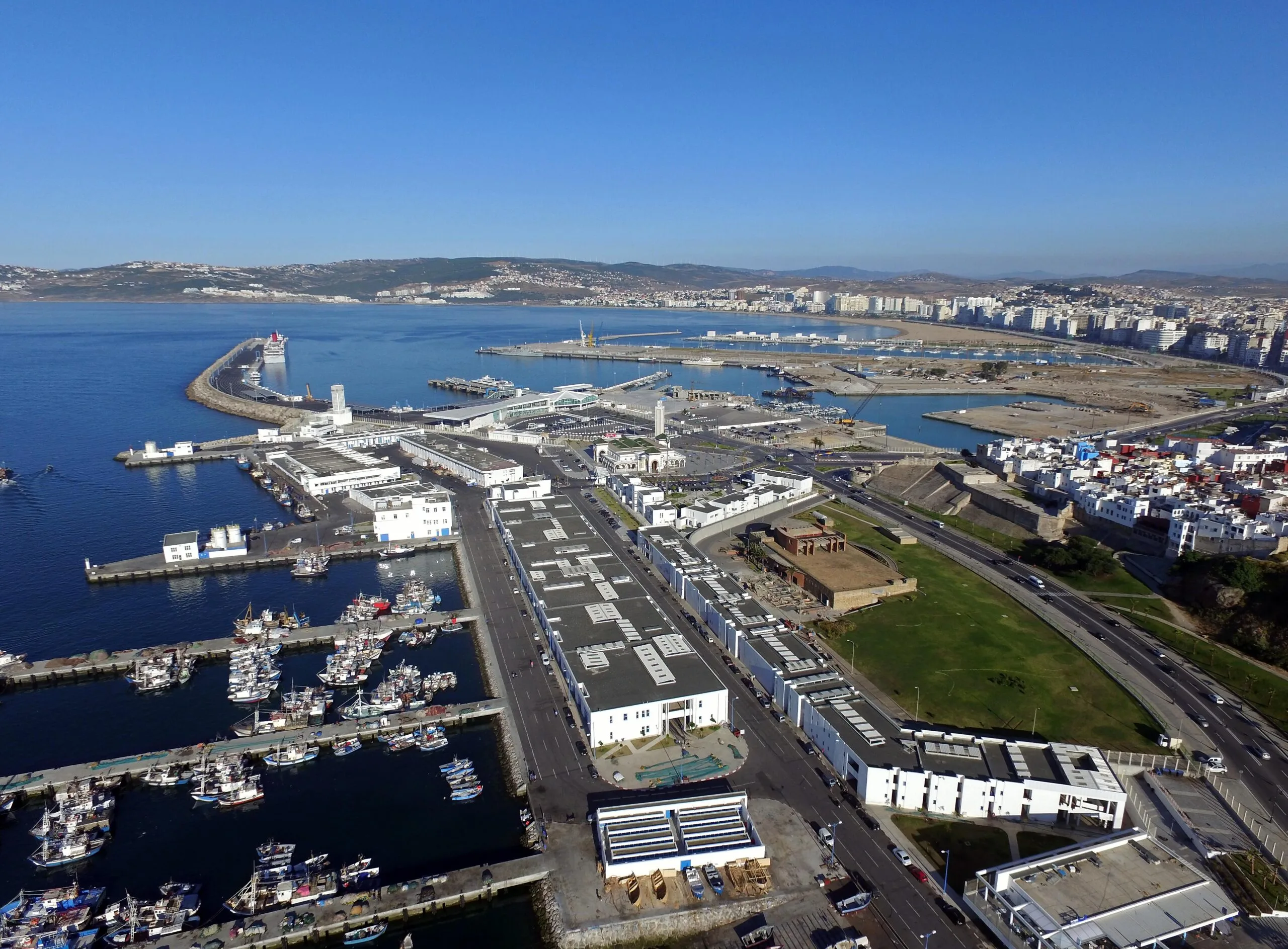 Tangier Port and Mediterranean coast at sunset