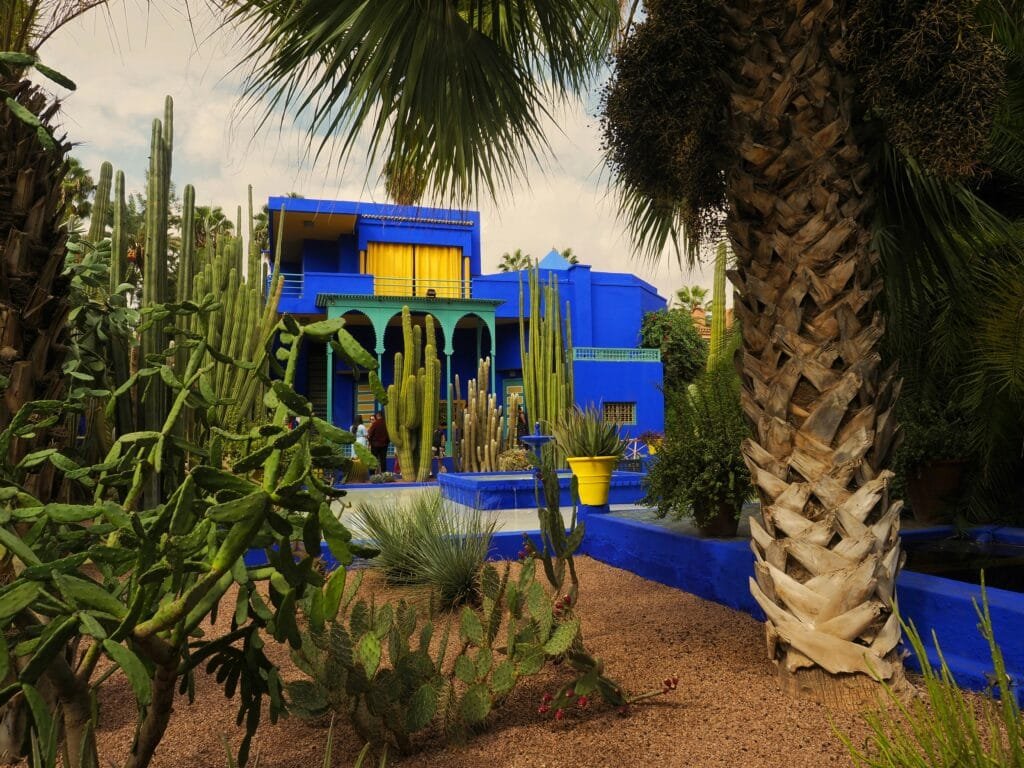 Cobalt-blue villa and cactus garden at Jardin Majorelle, Marrakech